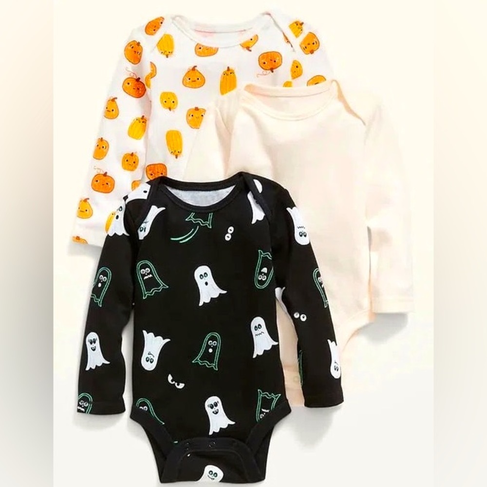 NWT Old Navy Halloween Themed 3-Pack Long Sleeve Bodysuits, Multicolour